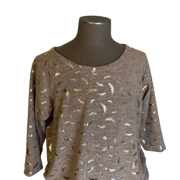 SjS Women's size 2X heather peach gray 3/4 sleeve Metallic gold leaf Sweater - Picture 2 of 10